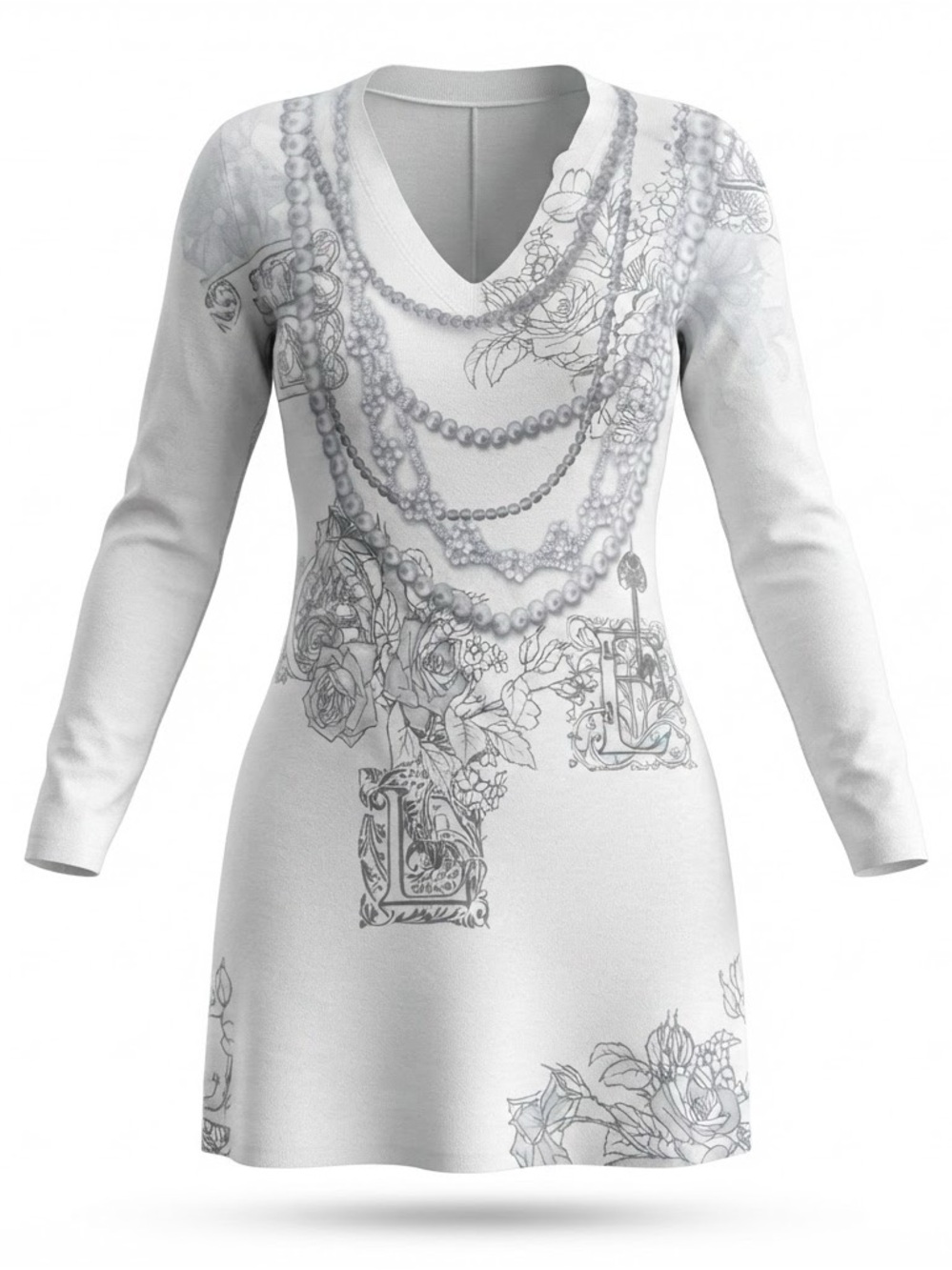 White Long-Sleeve V-Neck Floral & Necklace-Print Mini Dress